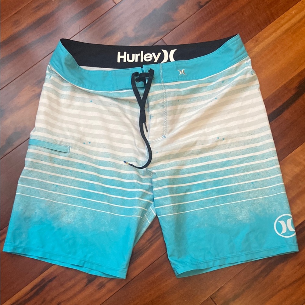Hurley Blue and White Board Shorts with Ombré Design